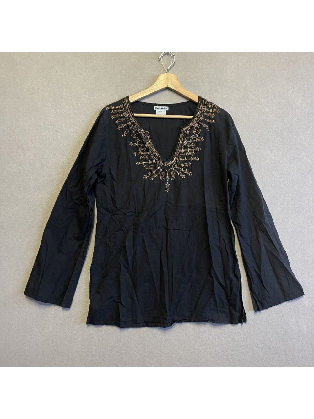 Cute Options Black Tunic With Gold Embroidery Long Sleeve M